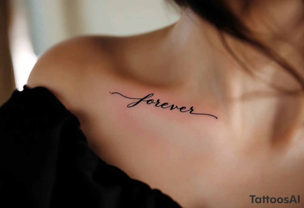 A minimalistic "forever" in delicate black ink across the collarbone, like a hidden promise. tattoo idea