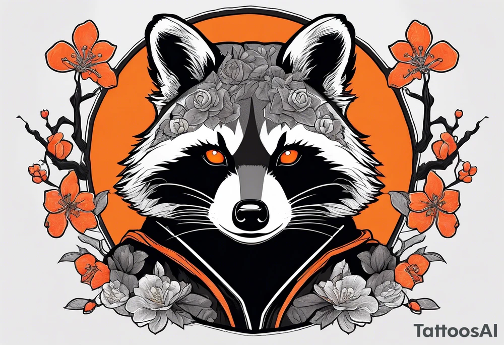 Raccoon wearing a white Superman logo on a black hoodie and orange Japanese cherry blossoms beside tattoo idea