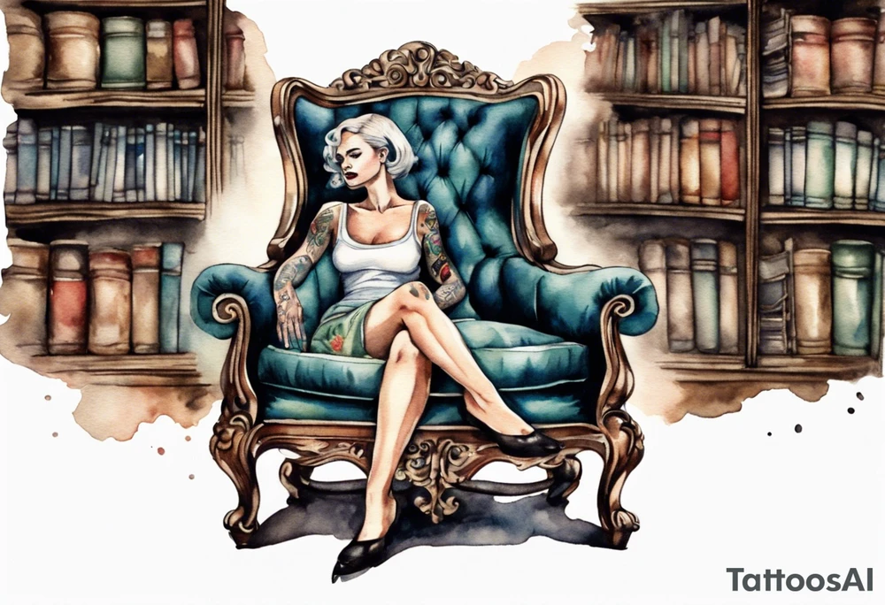 an antique chair in large library with a woman's face emerging from the back of the chair tattoo idea