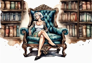 an antique chair in large library with a woman's face emerging from the back of the chair tattoo idea