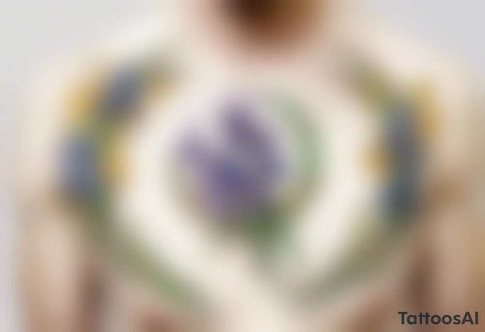 Create a small colorful Vincent van Gogh Irises tattoo in the form of a crescent, with vines gracefully intertwining at a central point in the middle of the wreath. Ensure that the design avoids the appearance of a bush and maintains a more structured and deliberate arrangement. The intended placement is on the upper chest. The overall design should be small in size while maintaining a delicate and artistic aesthetic. Pay attention to the graceful flow of the vines and the placement of the irises to achieve a refined and elegant look. tattoo idea