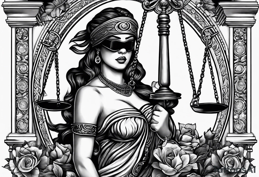 A blindfolded woman holding scales, themed around justice and equality. tattoo idea