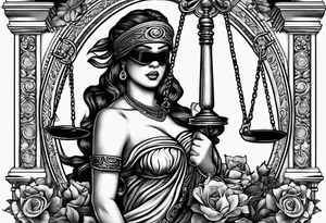 A blindfolded woman holding scales, themed around justice and equality. tattoo idea
