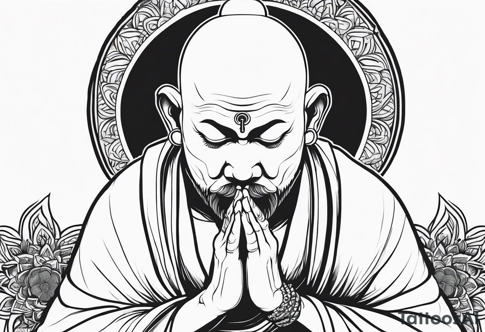 Monk head facing down seriously meditating while doing namaste hand full body tattoo idea