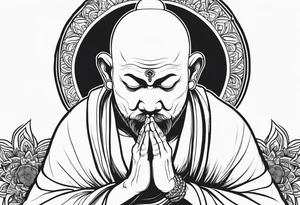 Monk head facing down seriously meditating while doing namaste hand full body tattoo idea