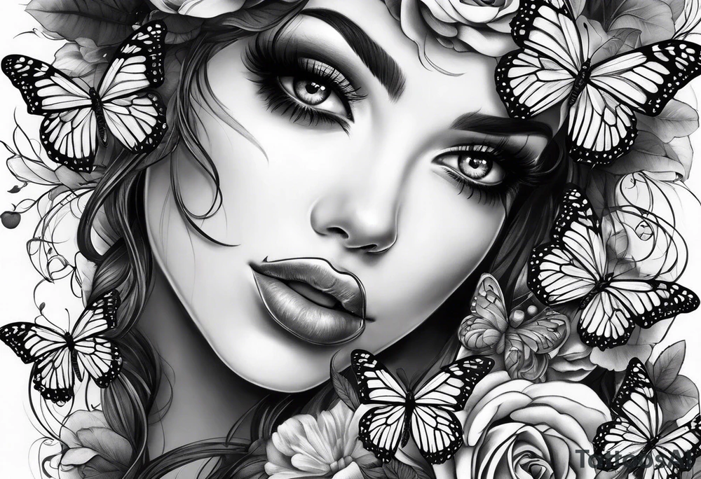 Dark feminine eyes and butterflies tattoo idea