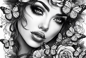 Dark feminine eyes and butterflies tattoo idea