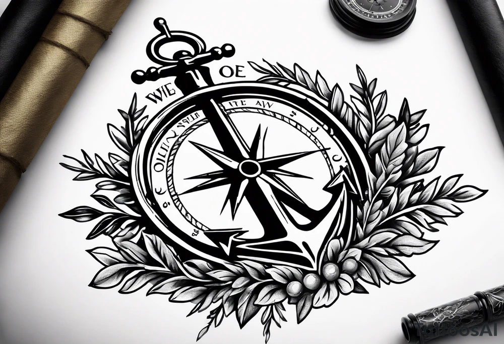 A selucid style anchor in front of a compass and a olive branch wreathe wrapped around the compass tattoo idea