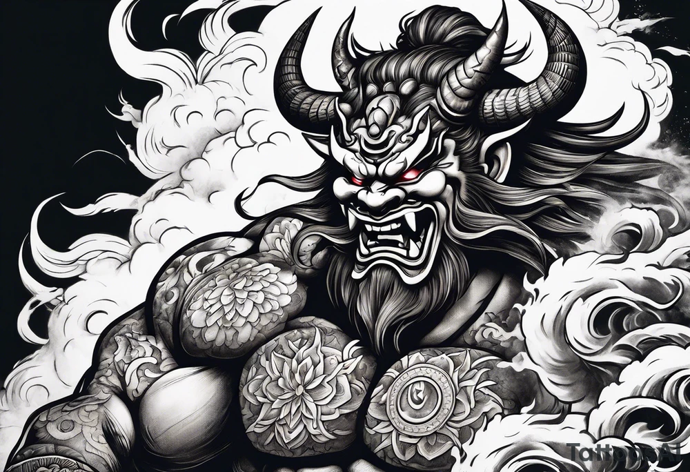 Japanese oni demon facing half sideways with subtle smoke coming out its mouth. With some Japanese cultural things surrounding it tattoo idea