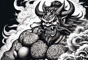 Japanese oni demon facing half sideways with subtle smoke coming out its mouth. With some Japanese cultural things surrounding it tattoo idea