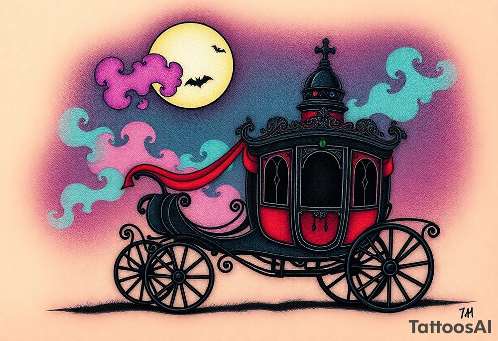 Tim Burton’s haunted victorian carrage is riding in the night and dripping with muted reds, dusty pinks, and eerie green glow.purple and cyan smokey clouds swirl in the crescent moonlit sky thats sprinkled with stars tattoo idea tattoo idea
