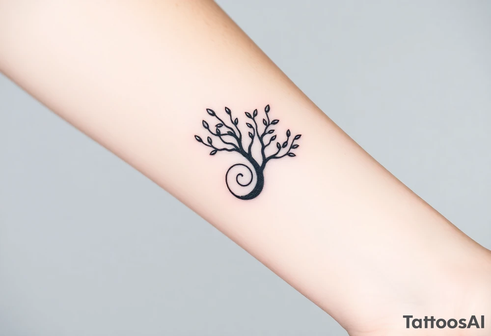 Tree with few leaves, with a SPIRAL line starting from the left side of tree and spiraling outward in a clockwise direction tattoo idea