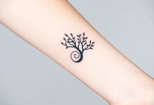 Tree with few leaves, with a SPIRAL line starting from the left side of tree and spiraling outward in a clockwise direction tattoo idea