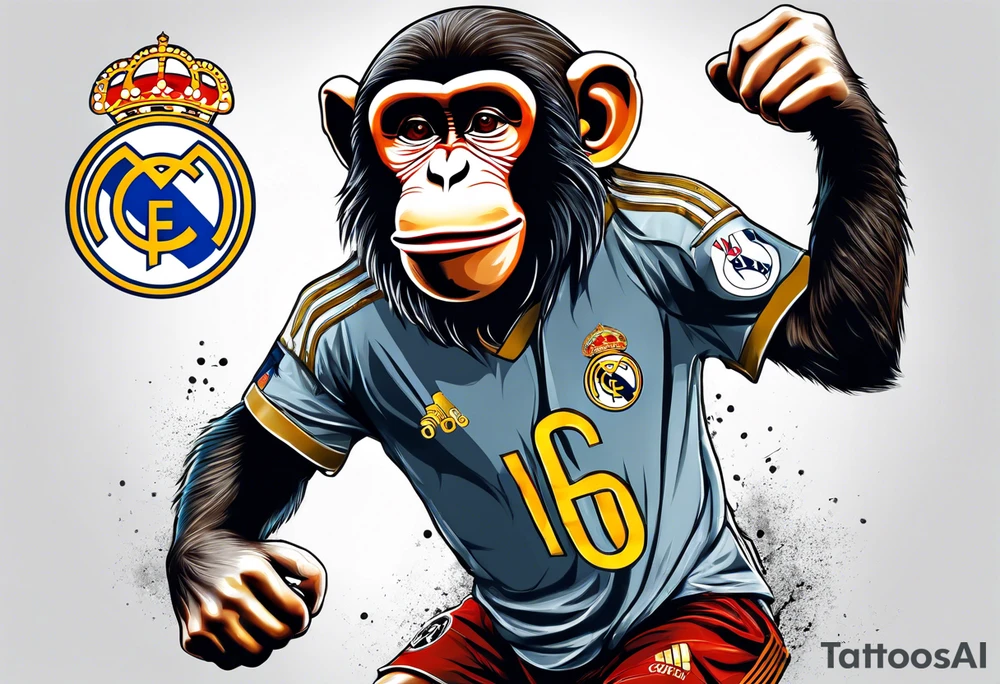 monkey with real madrid shirt celebrating soccer goal tattoo idea