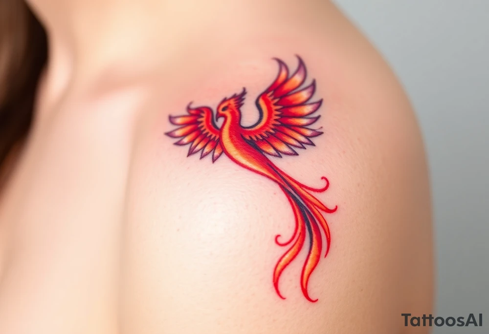 Square, phoenix rising from fire with both wings opened, colors red, pink, orange and purple. tattoo idea