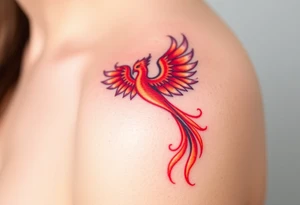 Square, phoenix rising from fire with both wings opened, colors red, pink, orange and purple. tattoo idea