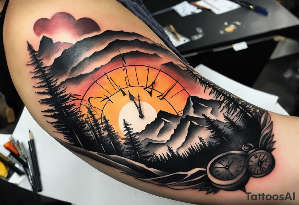 Half sleeve. View from the base of the mountains looking up to the sun. The sun is a clock that reads 12:01 to signify a new day. I want a clock tower in the middle of the mountains with the times my two sons were born. This tattoo represents overcoming massive obstacles and becoming a better person. tattoo idea