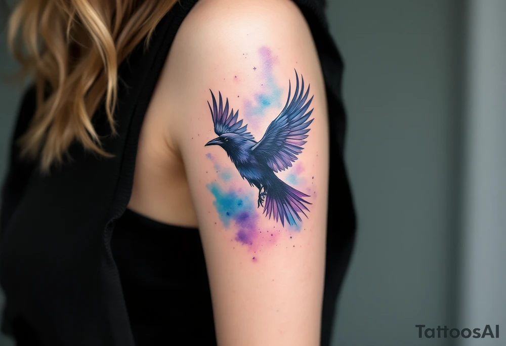 Flying Crow with Watercolor Sky – A crow in mid-flight with extended wings, surrounded by a background of soft watercolor blues, purples, and pinks for a dreamy atmosphere. tattoo idea
