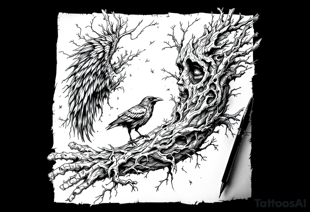 Entire arm tattooed like tree bark with face carved into it and a raven on the shoulder with wing extending to chest tattoo idea