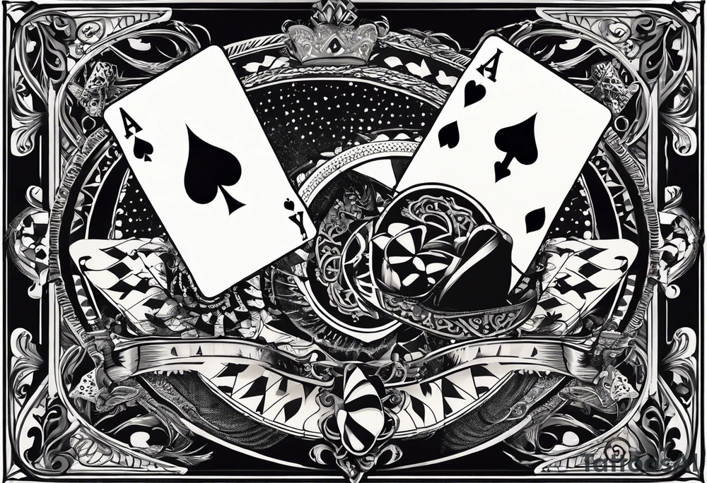 A black-and-white tattoo featuring a deck of playing cards falling mid-air, with a joker card prominently displayed at the center to symbolize unpredictability and chaos in life. The cards are scattered, some face-up, some face-down, representing chance and fate. A small hourglass is incorporated at the base of the design, symbolizing the passage of time. The tattoo uses bold lines and shading to create depth and contrast, keeping the design entirely black and white tattoo idea