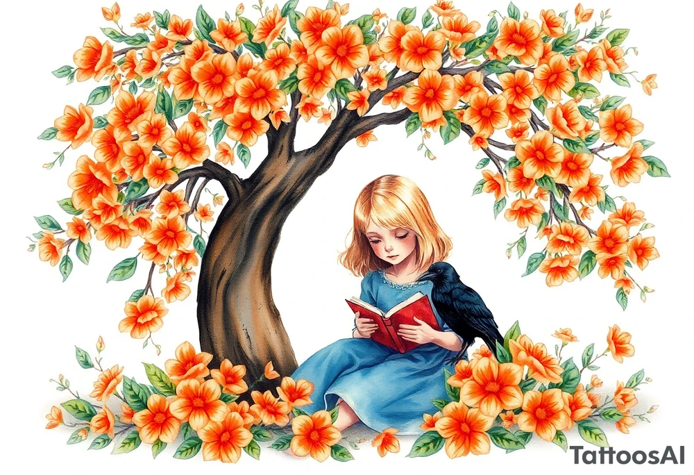 An orange tree full of flowers, a little blond girl wearing a blue dress sitting under it while reading. A raven watching her.


. tattoo idea