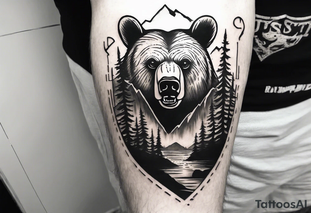 bear head right above the forest line with a lake below, full arm sleeve tattoo tattoo idea