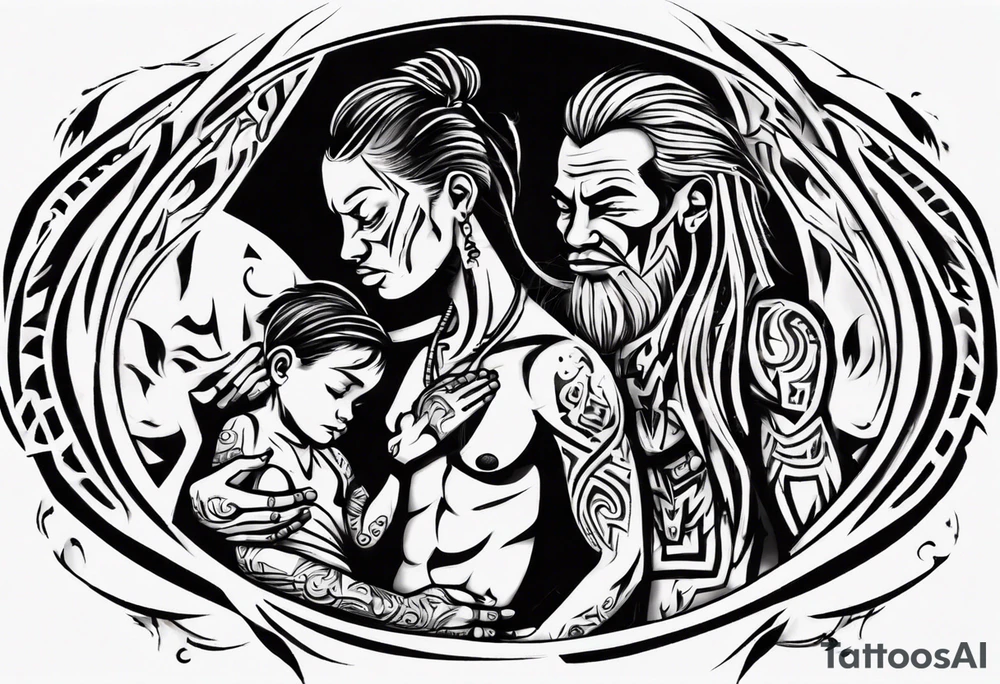 tribal father loving his son and wife making sure they are safe from the world and all the evil tattoo idea