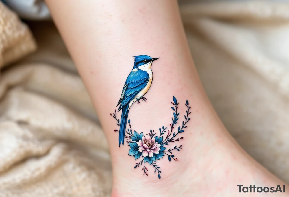 Blue bird coverup in a floral mirror frame tattoo idea