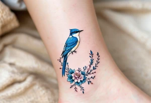 Blue bird coverup in a floral mirror frame tattoo idea