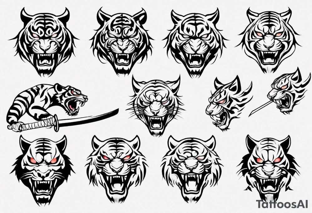 katana demon tiger head tattoo idea