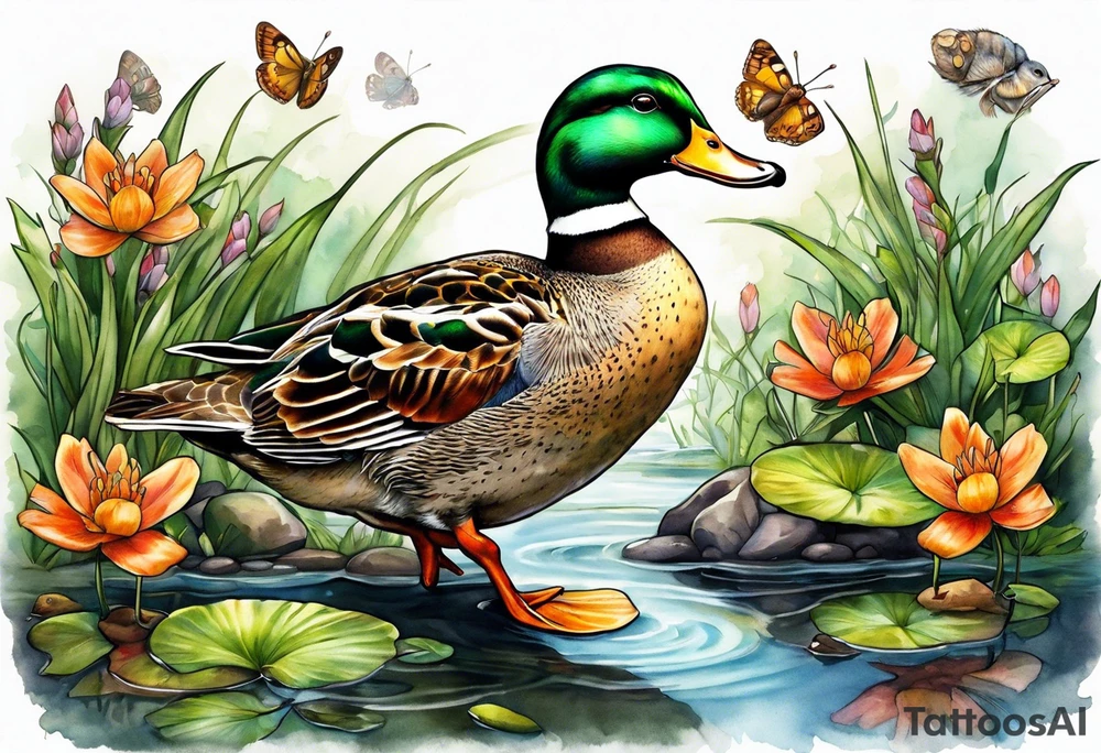 A Duck a toad and a moth at a pond tattoo idea