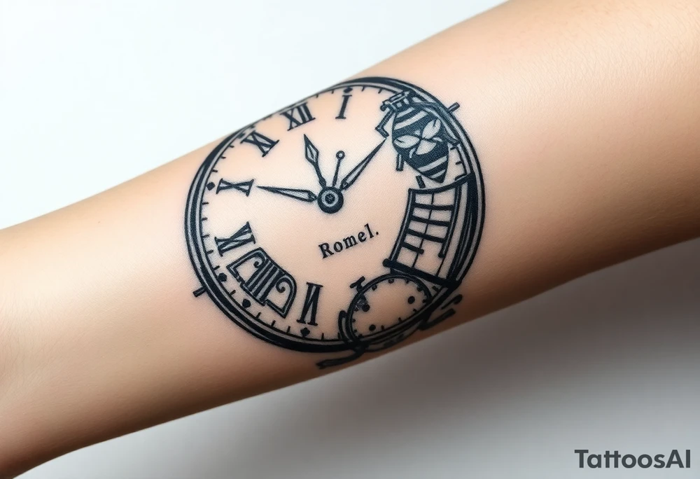 Imaginez un tatouage avec plusieurs éléments disting une horloge affichant 6h40 et peut voir des éléments architecturaux de Rome, comme le Colisée, un gladiateur avec une abeille sur le bouclier Enfin, dans le coin inférieur de l'image une carte de la centre Afrique et la grenade  de la cavalerie tattoo idea