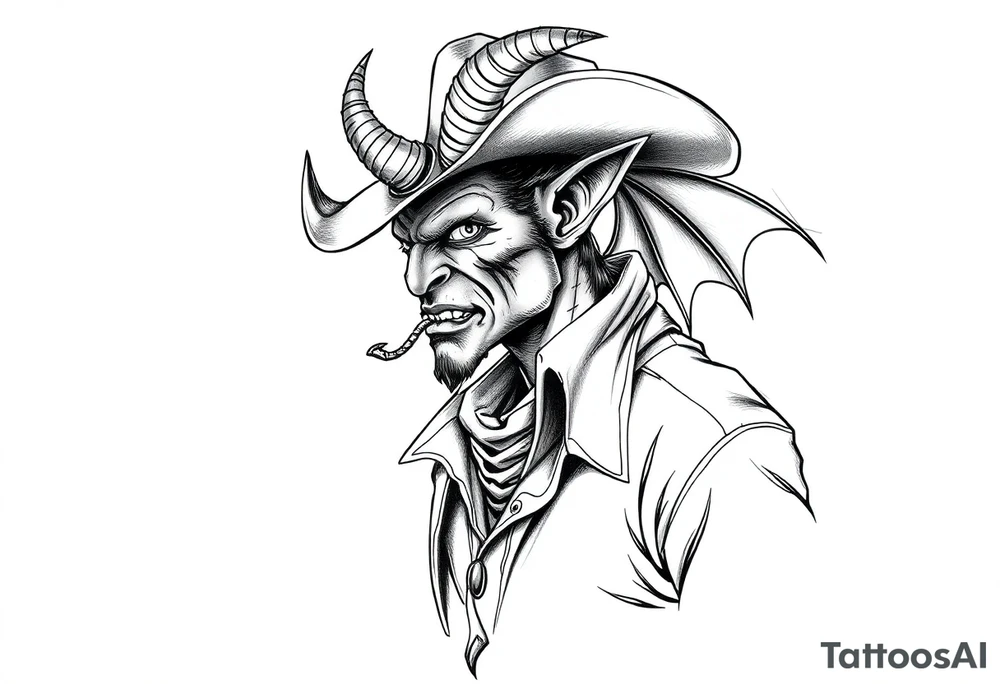 demon in cowboy-clothing,desert. tattoo idea