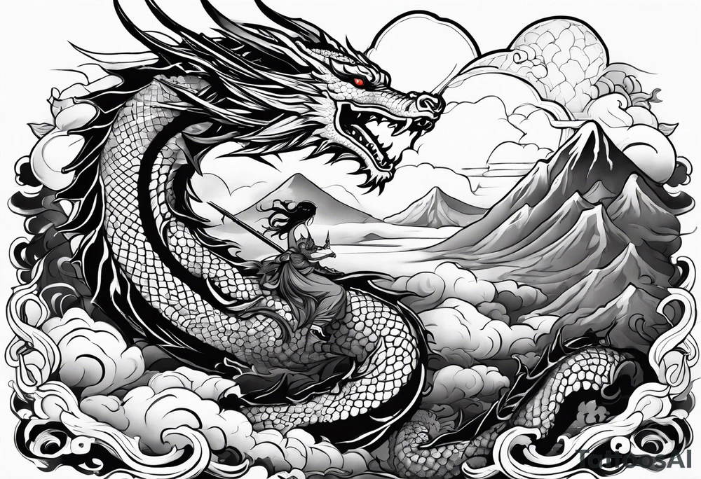 beautiful warrior nymph riding a dragon and the background will be mountains, clouds, and a Japanese building tattoo idea