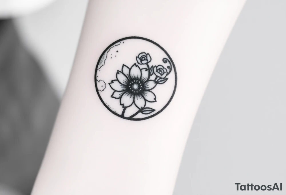 Small black and white tattoo full moon with small chrysanthemum and tiny scorpio gliph inside moon tattoo idea
