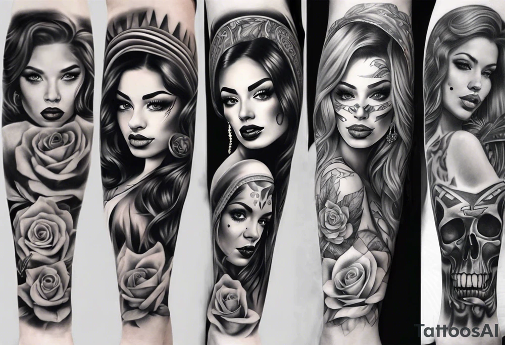 Chicano style women photorealism arm sleeve tattoo idea