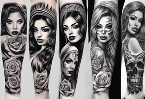 Chicano style women photorealism arm sleeve tattoo idea