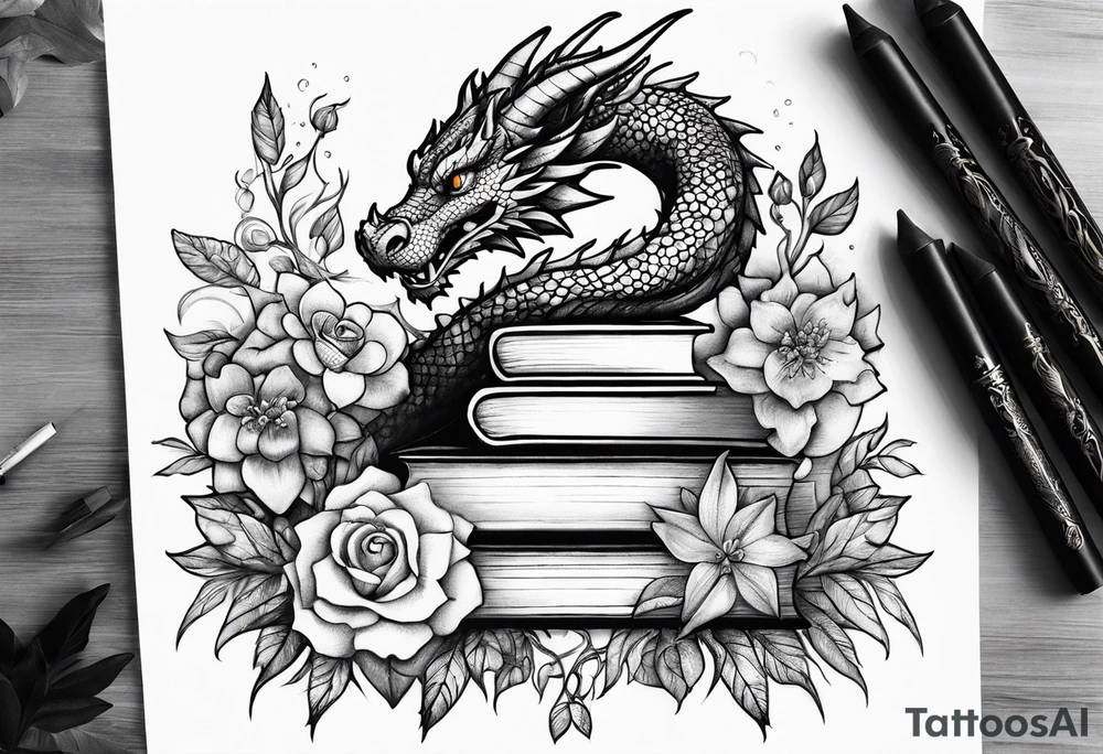 Dragon stack of books flowers tattoo idea