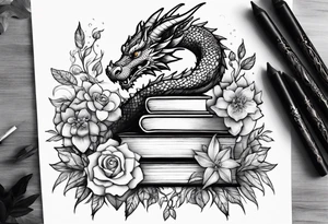 Dragon stack of books flowers tattoo idea