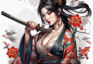 samuri with katana on top of a japanese beauty female tattoo idea