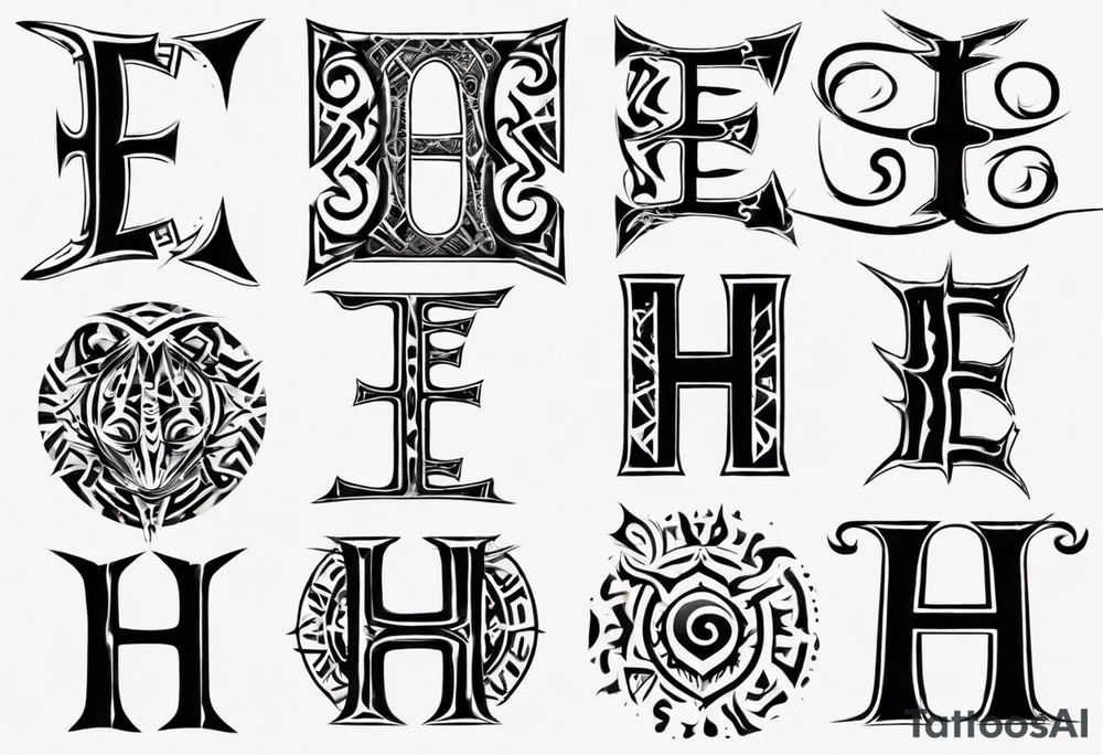 combine the letters E and H with tribal pattern tattoo idea