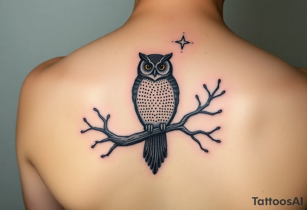 wise owl perched on ancient oak branch under starlit sky tattoo idea