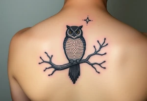 wise owl perched on ancient oak branch under starlit sky tattoo idea