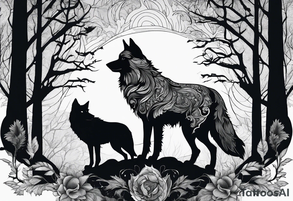 main character ist an impressive wolf, a crow talks to the wolf, background a gloomy forest tattoo idea