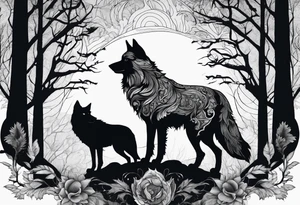 main character ist an impressive wolf, a crow talks to the wolf, background a gloomy forest tattoo idea