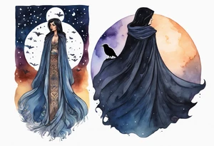 Watercolor of a Persian woman with a black cloak, standing before the night sky, a raven on her shoulder tattoo idea