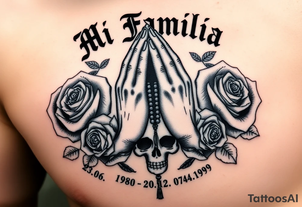 Black and grey gang style tattoo design. Centered praying hands with a rosary, surrounded by three realistic roses. Above the hands, gothic text saying 'Mi Familia'. Below each rose, a date in this order: '23.06.1980', '30.12.1946', '07.04.1979'. Add a crowned skull subtly in the background, symbolizing loyalty after death. Chicano tattoo style, fine shading, no color tattoo idea
