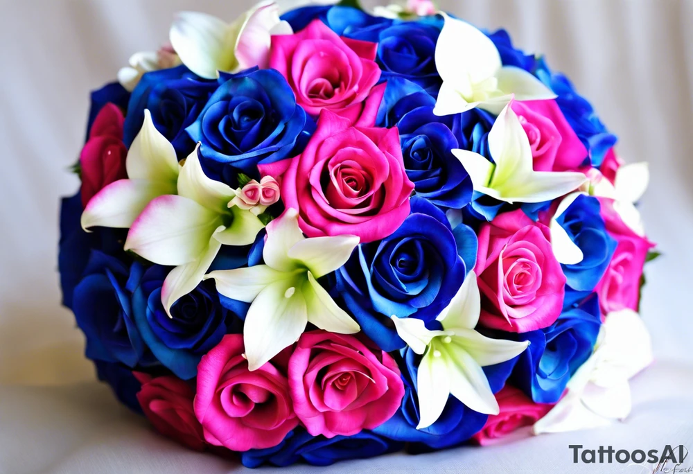 based on my wedding flowers for my wrist:Light pink hydrangea petals, white hydrangea petals, deep blue hydrangea petals, hot pink hydrangea petals, baby pink roses, hot pink roses, light pink stargazer lilies. With some purpley/bluey delphinium petals and tiny white and light pink flowers. With leaves weaving between them all and festoon and fairy lights around the outside, giving the flowers a glow. tattoo idea