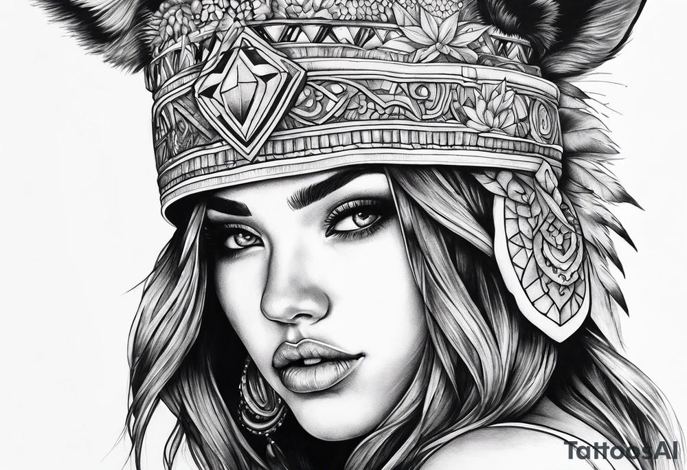 girl with aggressive animal headdress tattoo idea