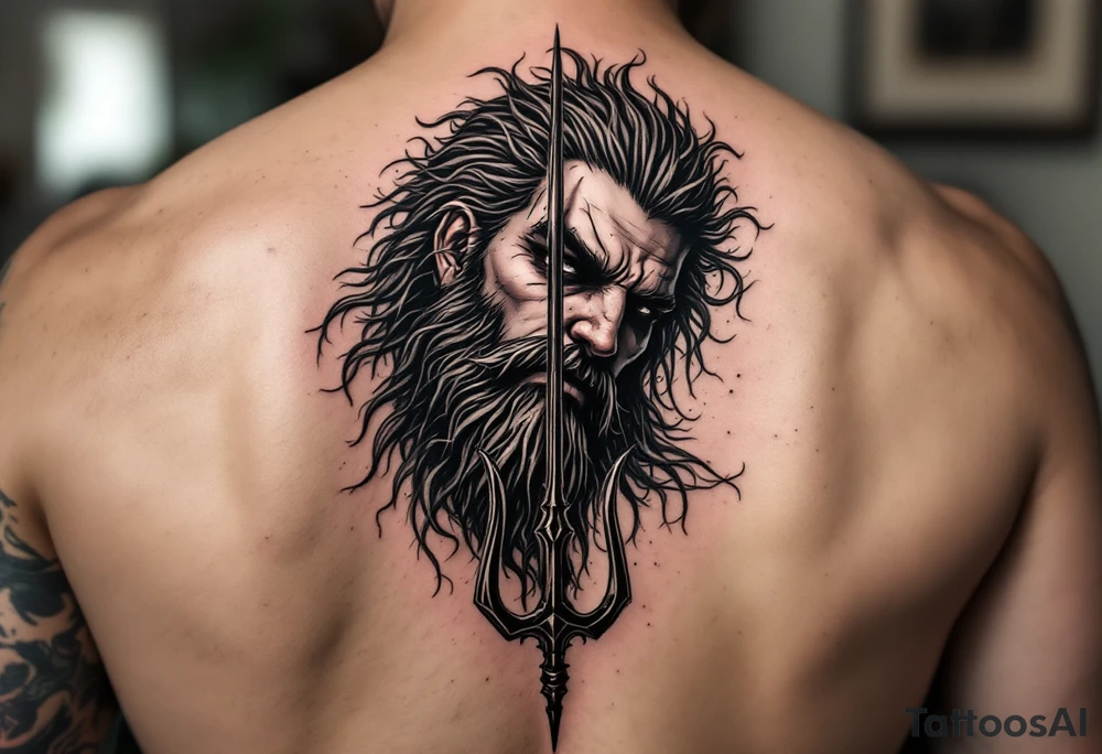 gay poseidon face behind trident tattoo idea